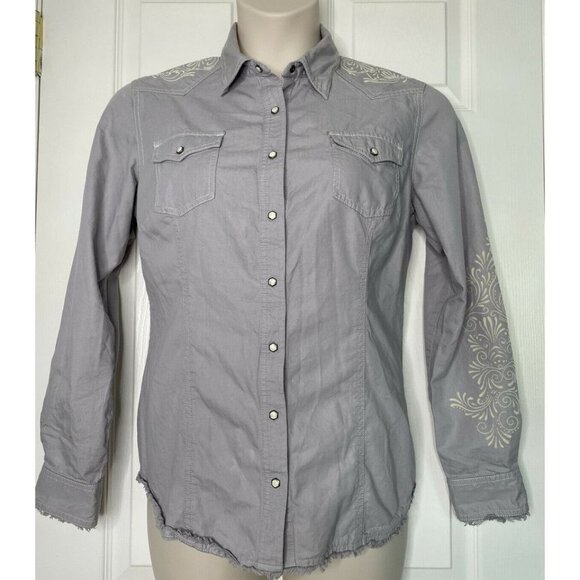 Noble Outfitters Large Western Snap Button Up Rodeo Shirt Equestrian Raw Hem - Picture 1 of 9